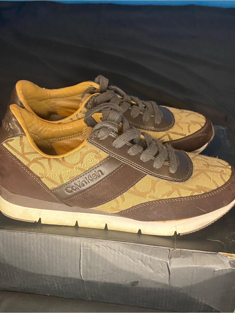 Calvin Klein Brown and Tan Logo Knit Athletic Sneakers - Picture 2 of 7